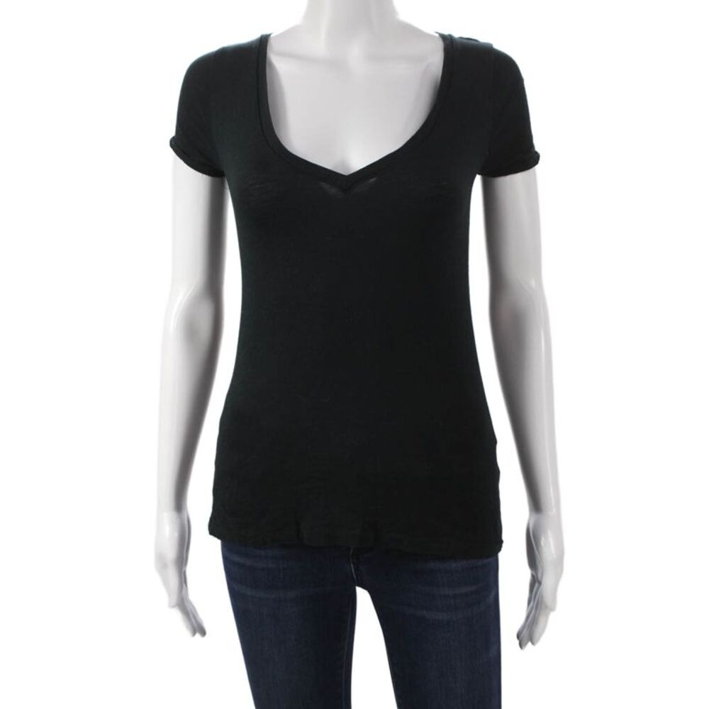 J Crew Women Black V-Neck Cotton Basic T-Shirt Short Sleeve Size 2XS